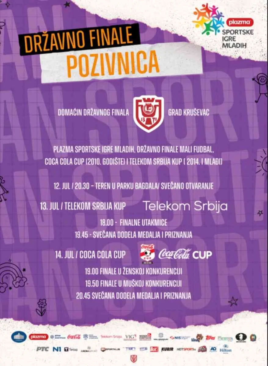 poziv na "Plazma sportske igre mladih, državno finale u malom fudbalu, coca cola CUP (2010 godište) i Telekom Srbija KUP (2014 i mlađi/e)